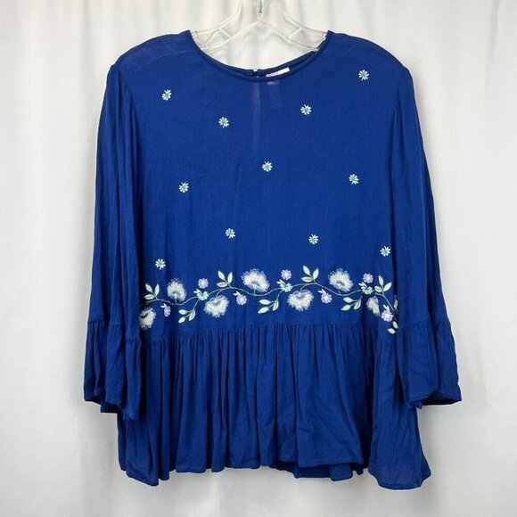 Alya Womens Floral Long Bell Sleeve Round Neck Blouse Top Size Medium - Picture 1 of 10